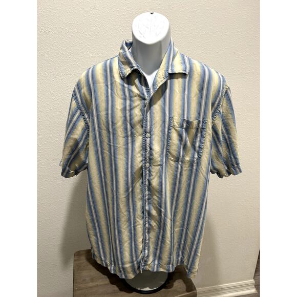 Tommy Bahama Men's XL 100% Silk Stripe Button-Front Shirt Blue Yellow White B49 - Picture 1 of 5